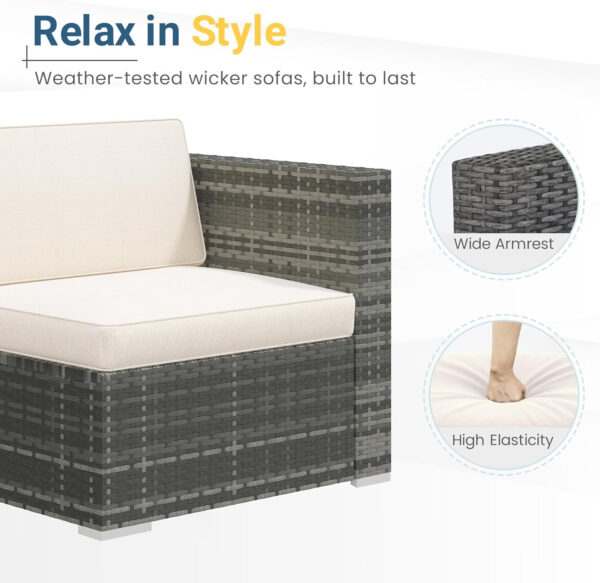 Wisteria Lane 5 Piece Outdoor Patio Furniture Set, All Weather Wicker Rattan Sectional Sofa Conversation Set with Cushions & Large Glass Coffee Table, Ideal for Garden Backyard Porch Balcony, Grey