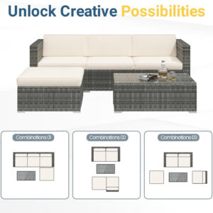 Wisteria Lane 5 Piece Outdoor Patio Furniture Set, All Weather Wicker Rattan Sectional Sofa Conversation Set with Cushions & Large Glass Coffee Table, Ideal for Garden Backyard Porch Balcony, Grey