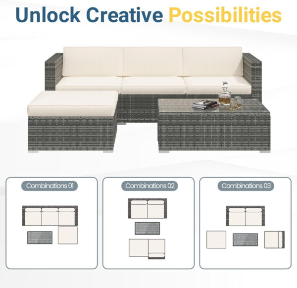 Wisteria Lane 5 Piece Outdoor Patio Furniture Set, All Weather Wicker Rattan Sectional Sofa Conversation Set with Cushions & Large Glass Coffee Table, Ideal for Garden Backyard Porch Balcony, Grey