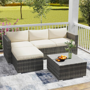 Wisteria Lane 5 Piece Outdoor Patio Furniture Set, All Weather Wicker Rattan Sectional Sofa Conversation Set with Cushions & Large Glass Coffee Table, Ideal for Garden Backyard Porch Balcony, Grey