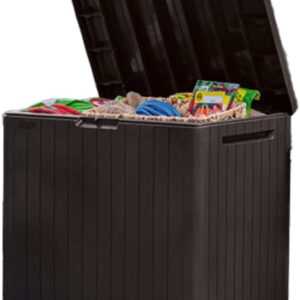 Keter City 30 Gallon Resin Outdoor Storage Box and Patio Furniture Side Table for Pool and Garden Accessories, Dark Grey
