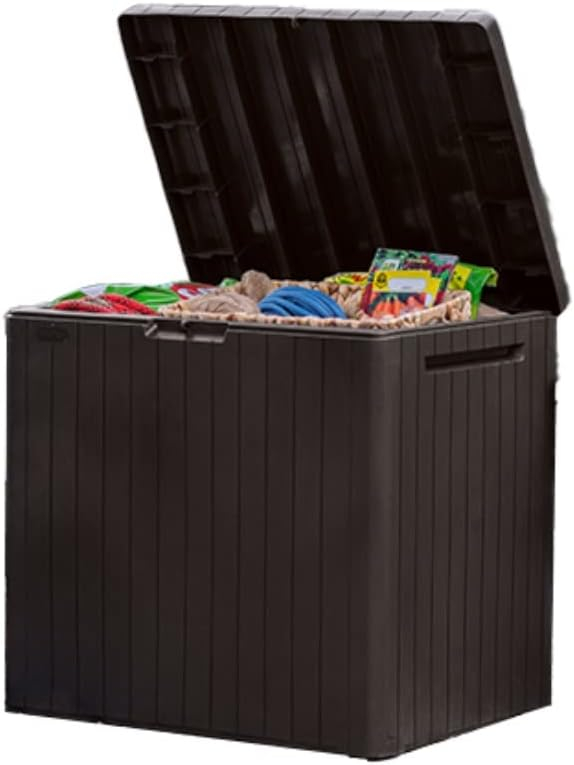 Keter City 30 Gallon Resin Outdoor Storage Box and Patio Furniture Side Table for Pool and Garden Accessories, Dark Grey