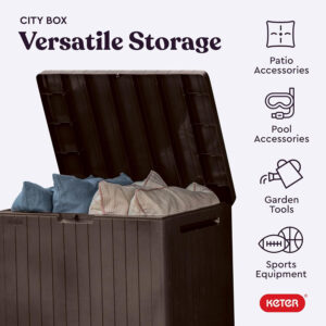 Keter City 30 Gallon Resin Outdoor Storage Box and Patio Furniture Side Table for Pool and Garden Accessories, Dark Grey