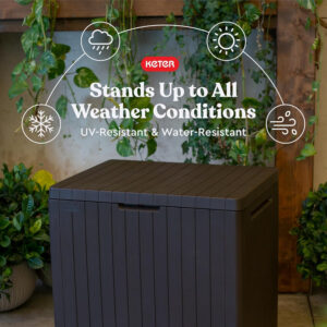 Keter City 30 Gallon Resin Outdoor Storage Box and Patio Furniture Side Table for Pool and Garden Accessories, Dark Grey