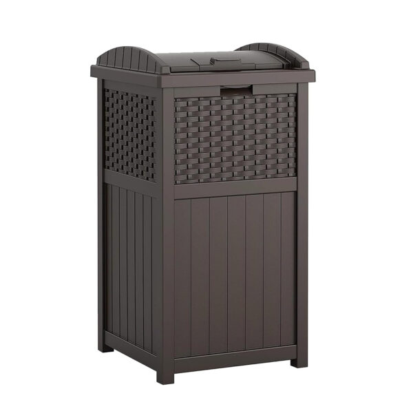 688807032628f0c9fa9218c9f21d36996d59b89b2225323a1654a.jpg Suncast 33 Gallon Commercial Outdoor Trashcan Hideaway with Lid for 30 to 33 Gallon Trash Bags for Garage, Backyard, or Garden, Brown