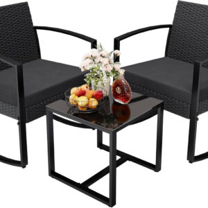 Greesum 3 Piece Patio Furniture Set, All-Weather Imitation Rattan Conversation Set, Outdoor Rocking Chair Bistro Set with Glass Top Coffee Table for Pool, Deck, Porch, Garden or Balcony, Black