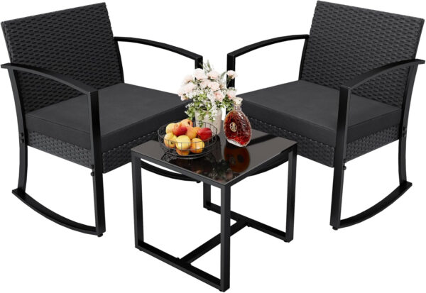 Greesum 3 Piece Patio Furniture Set, All-Weather Imitation Rattan Conversation Set, Outdoor Rocking Chair Bistro Set with Glass Top Coffee Table for Pool, Deck, Porch, Garden or Balcony, Black