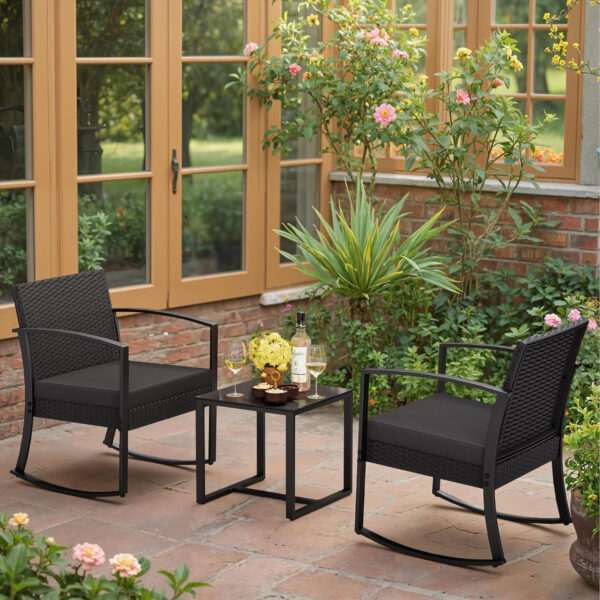 Greesum 3 Piece Patio Furniture Set, All-Weather Imitation Rattan Conversation Set, Outdoor Rocking Chair Bistro Set with Glass Top Coffee Table for Pool, Deck, Porch, Garden or Balcony, Black