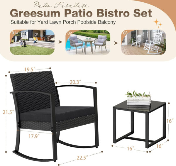 Greesum 3 Piece Patio Furniture Set, All-Weather Imitation Rattan Conversation Set, Outdoor Rocking Chair Bistro Set with Glass Top Coffee Table for Pool, Deck, Porch, Garden or Balcony, Black