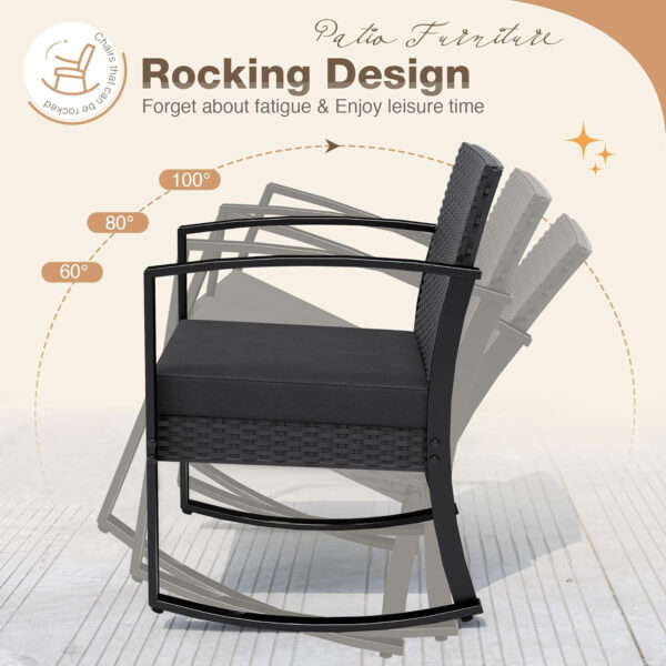 Greesum 3 Piece Patio Furniture Set, All-Weather Imitation Rattan Conversation Set, Outdoor Rocking Chair Bistro Set with Glass Top Coffee Table for Pool, Deck, Porch, Garden or Balcony, Black