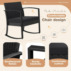 Greesum 3 Piece Patio Furniture Set, All-Weather Imitation Rattan Conversation Set, Outdoor Rocking Chair Bistro Set with Glass Top Coffee Table for Pool, Deck, Porch, Garden or Balcony, Black