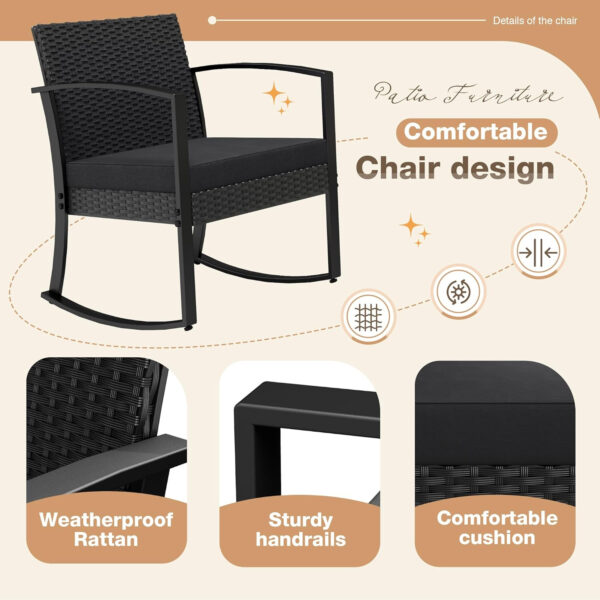 Greesum 3 Piece Patio Furniture Set, All-Weather Imitation Rattan Conversation Set, Outdoor Rocking Chair Bistro Set with Glass Top Coffee Table for Pool, Deck, Porch, Garden or Balcony, Black