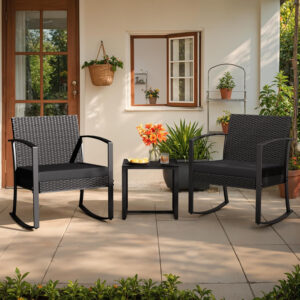 Greesum 3 Piece Patio Furniture Set, All-Weather Imitation Rattan Conversation Set, Outdoor Rocking Chair Bistro Set with Glass Top Coffee Table for Pool, Deck, Porch, Garden or Balcony, Black