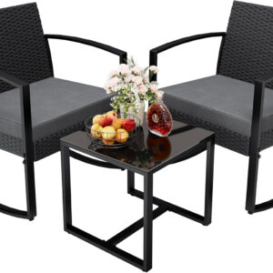 Greesum 3 Piece Patio Furniture Set, All-Weather Imitation Rattan Conversation Set, Outdoor Rocking Chair Bistro Set with Glass Top Coffee Table for Pool, Deck, Porch, Garden or Balcony, Black