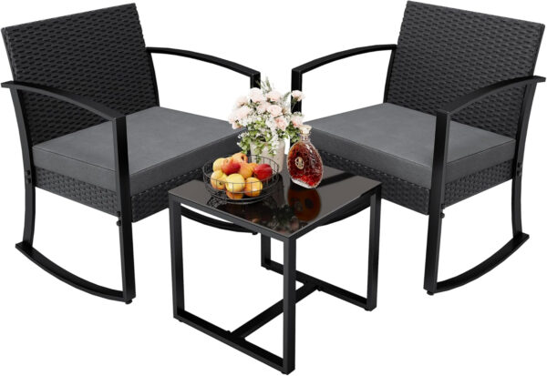 Greesum 3 Piece Patio Furniture Set, All-Weather Imitation Rattan Conversation Set, Outdoor Rocking Chair Bistro Set with Glass Top Coffee Table for Pool, Deck, Porch, Garden or Balcony, Black
