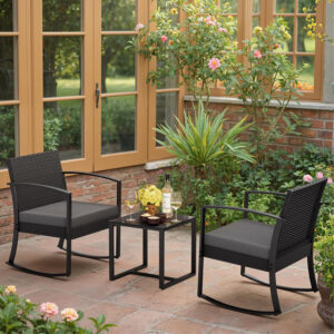 Greesum 3 Piece Patio Furniture Set, All-Weather Imitation Rattan Conversation Set, Outdoor Rocking Chair Bistro Set with Glass Top Coffee Table for Pool, Deck, Porch, Garden or Balcony, Black