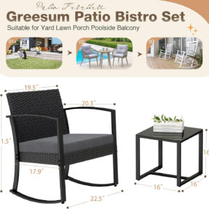 Greesum 3 Piece Patio Furniture Set, All-Weather Imitation Rattan Conversation Set, Outdoor Rocking Chair Bistro Set with Glass Top Coffee Table for Pool, Deck, Porch, Garden or Balcony, Black