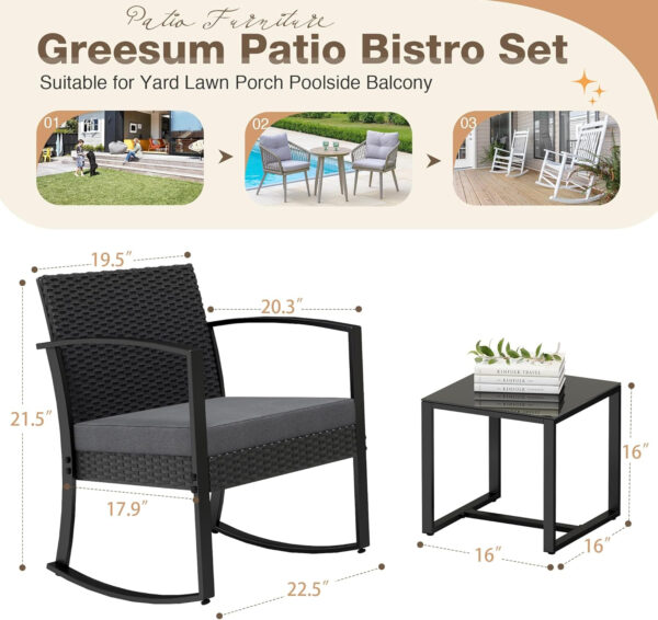 Greesum 3 Piece Patio Furniture Set, All-Weather Imitation Rattan Conversation Set, Outdoor Rocking Chair Bistro Set with Glass Top Coffee Table for Pool, Deck, Porch, Garden or Balcony, Black