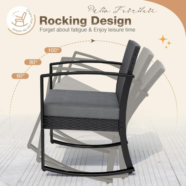 Greesum 3 Piece Patio Furniture Set, All-Weather Imitation Rattan Conversation Set, Outdoor Rocking Chair Bistro Set with Glass Top Coffee Table for Pool, Deck, Porch, Garden or Balcony, Black