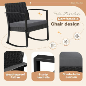 Greesum 3 Piece Patio Furniture Set, All-Weather Imitation Rattan Conversation Set, Outdoor Rocking Chair Bistro Set with Glass Top Coffee Table for Pool, Deck, Porch, Garden or Balcony, Black