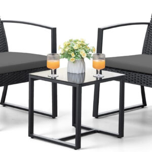 Greesum 3 Piece Patio Furniture Set, All-Weather Imitation Rattan Conversation Set, Outdoor Rocking Chair Bistro Set with Glass Top Coffee Table for Pool, Deck, Porch, Garden or Balcony, Black