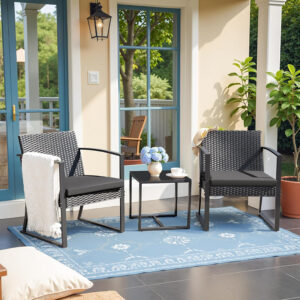 Greesum 3 Piece Patio Furniture Set, All-Weather Imitation Rattan Conversation Set, Outdoor Rocking Chair Bistro Set with Glass Top Coffee Table for Pool, Deck, Porch, Garden or Balcony, Black