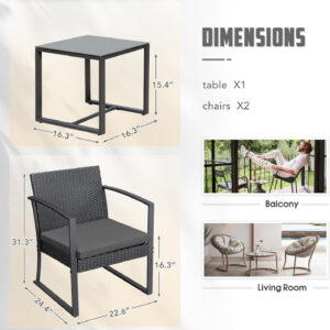 Greesum 3 Piece Patio Furniture Set, All-Weather Imitation Rattan Conversation Set, Outdoor Rocking Chair Bistro Set with Glass Top Coffee Table for Pool, Deck, Porch, Garden or Balcony, Black