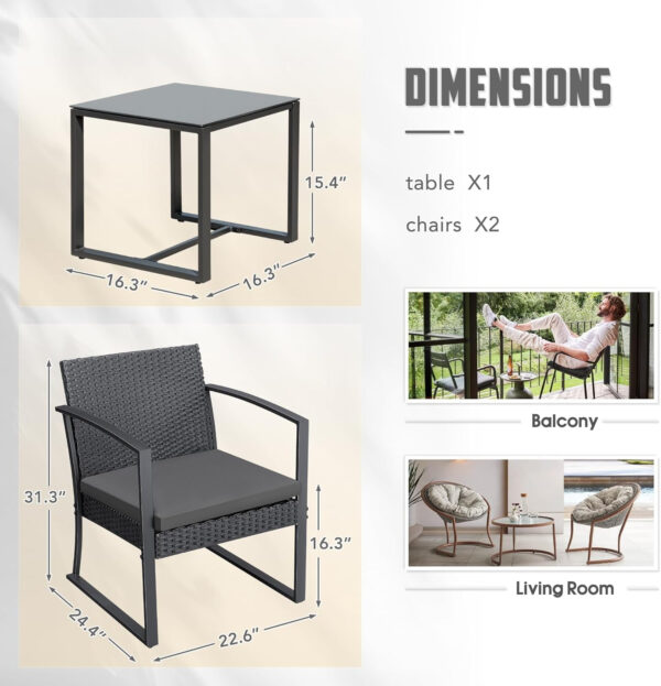 Greesum 3 Piece Patio Furniture Set, All-Weather Imitation Rattan Conversation Set, Outdoor Rocking Chair Bistro Set with Glass Top Coffee Table for Pool, Deck, Porch, Garden or Balcony, Black