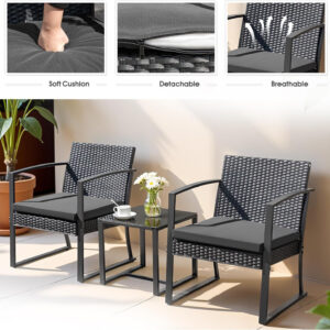 Greesum 3 Piece Patio Furniture Set, All-Weather Imitation Rattan Conversation Set, Outdoor Rocking Chair Bistro Set with Glass Top Coffee Table for Pool, Deck, Porch, Garden or Balcony, Black