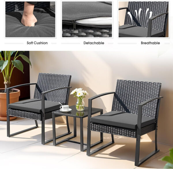 Greesum 3 Piece Patio Furniture Set, All-Weather Imitation Rattan Conversation Set, Outdoor Rocking Chair Bistro Set with Glass Top Coffee Table for Pool, Deck, Porch, Garden or Balcony, Black