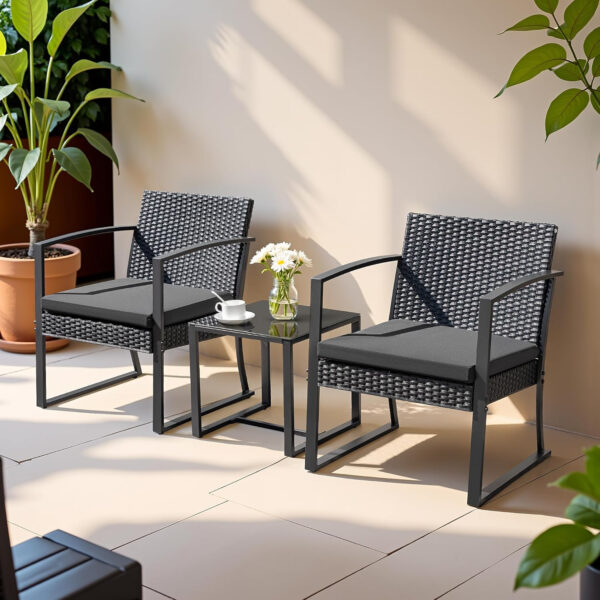 Greesum 3 Piece Patio Furniture Set, All-Weather Imitation Rattan Conversation Set, Outdoor Rocking Chair Bistro Set with Glass Top Coffee Table for Pool, Deck, Porch, Garden or Balcony, Black