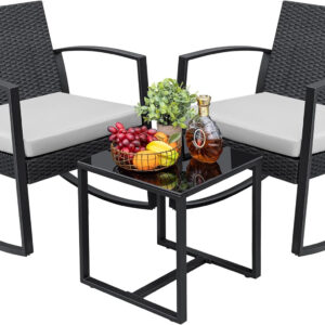 Greesum 3 Piece Patio Furniture Set, All-Weather Imitation Rattan Conversation Set, Outdoor Rocking Chair Bistro Set with Glass Top Coffee Table for Pool, Deck, Porch, Garden or Balcony, Black