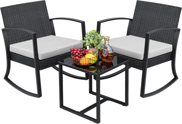Greesum 3 Piece Patio Furniture Set, All-Weather Imitation Rattan Conversation Set, Outdoor Rocking Chair Bistro Set with Glass Top Coffee Table for Pool, Deck, Porch, Garden or Balcony, Black