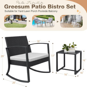 Greesum 3 Piece Patio Furniture Set, All-Weather Imitation Rattan Conversation Set, Outdoor Rocking Chair Bistro Set with Glass Top Coffee Table for Pool, Deck, Porch, Garden or Balcony, Black