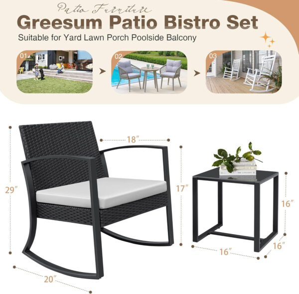 Greesum 3 Piece Patio Furniture Set, All-Weather Imitation Rattan Conversation Set, Outdoor Rocking Chair Bistro Set with Glass Top Coffee Table for Pool, Deck, Porch, Garden or Balcony, Black
