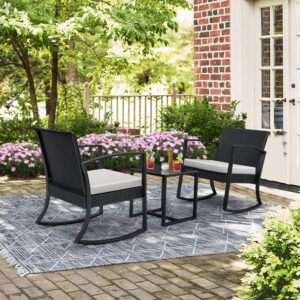 Greesum 3 Piece Patio Furniture Set, All-Weather Imitation Rattan Conversation Set, Outdoor Rocking Chair Bistro Set with Glass Top Coffee Table for Pool, Deck, Porch, Garden or Balcony, Black