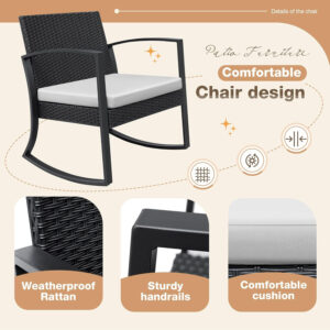 Greesum 3 Piece Patio Furniture Set, All-Weather Imitation Rattan Conversation Set, Outdoor Rocking Chair Bistro Set with Glass Top Coffee Table for Pool, Deck, Porch, Garden or Balcony, Black