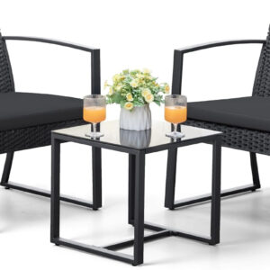 Greesum 3 Piece Patio Furniture Set, All-Weather Imitation Rattan Conversation Set, Outdoor Rocking Chair Bistro Set with Glass Top Coffee Table for Pool, Deck, Porch, Garden or Balcony, Black