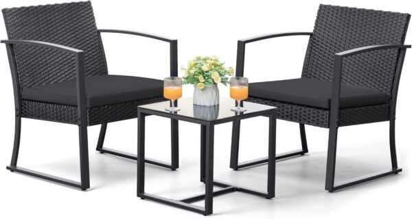 Greesum 3 Piece Patio Furniture Set, All-Weather Imitation Rattan Conversation Set, Outdoor Rocking Chair Bistro Set with Glass Top Coffee Table for Pool, Deck, Porch, Garden or Balcony, Black