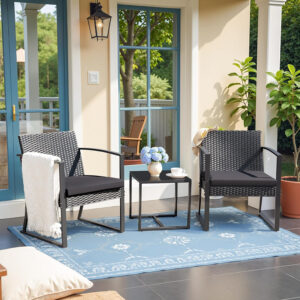 Greesum 3 Piece Patio Furniture Set, All-Weather Imitation Rattan Conversation Set, Outdoor Rocking Chair Bistro Set with Glass Top Coffee Table for Pool, Deck, Porch, Garden or Balcony, Black