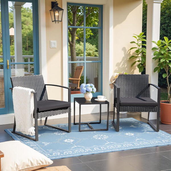 Greesum 3 Piece Patio Furniture Set, All-Weather Imitation Rattan Conversation Set, Outdoor Rocking Chair Bistro Set with Glass Top Coffee Table for Pool, Deck, Porch, Garden or Balcony, Black