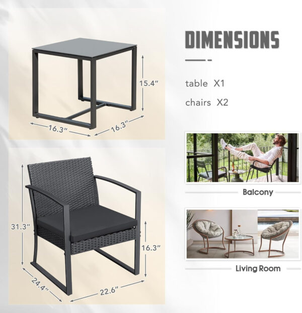 Greesum 3 Piece Patio Furniture Set, All-Weather Imitation Rattan Conversation Set, Outdoor Rocking Chair Bistro Set with Glass Top Coffee Table for Pool, Deck, Porch, Garden or Balcony, Black