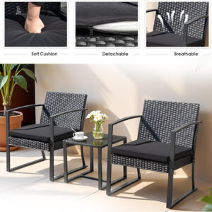 Greesum 3 Piece Patio Furniture Set, All-Weather Imitation Rattan Conversation Set, Outdoor Rocking Chair Bistro Set with Glass Top Coffee Table for Pool, Deck, Porch, Garden or Balcony, Black