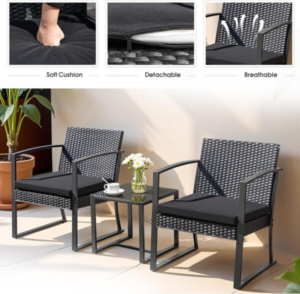 Greesum 3 Piece Patio Furniture Set, All-Weather Imitation Rattan Conversation Set, Outdoor Rocking Chair Bistro Set with Glass Top Coffee Table for Pool, Deck, Porch, Garden or Balcony, Black