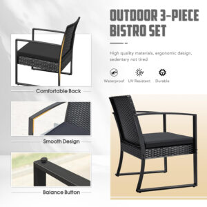 Greesum 3 Piece Patio Furniture Set, All-Weather Imitation Rattan Conversation Set, Outdoor Rocking Chair Bistro Set with Glass Top Coffee Table for Pool, Deck, Porch, Garden or Balcony, Black