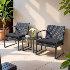 Greesum 3 Piece Patio Furniture Set, All-Weather Imitation Rattan Conversation Set, Outdoor Rocking Chair Bistro Set with Glass Top Coffee Table for Pool, Deck, Porch, Garden or Balcony, Black