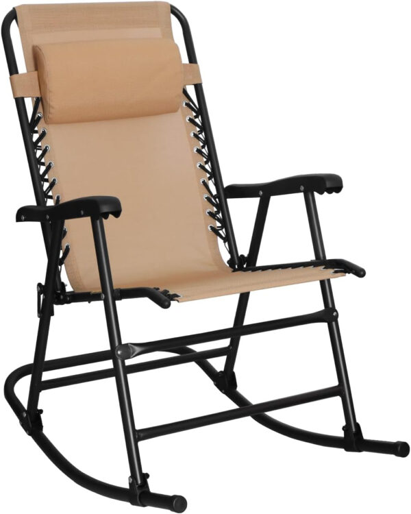 688807dcd19ec90904ef5f077d42215a61929269e466eb1f35f5e.jpg Amazon Basics Outdoor Patio Folding Reclining Lounge Rocking Chair with Pillow, Affordable Folding Chairs for Outside, Beige, 33.6 x 37.4 x 26 inch