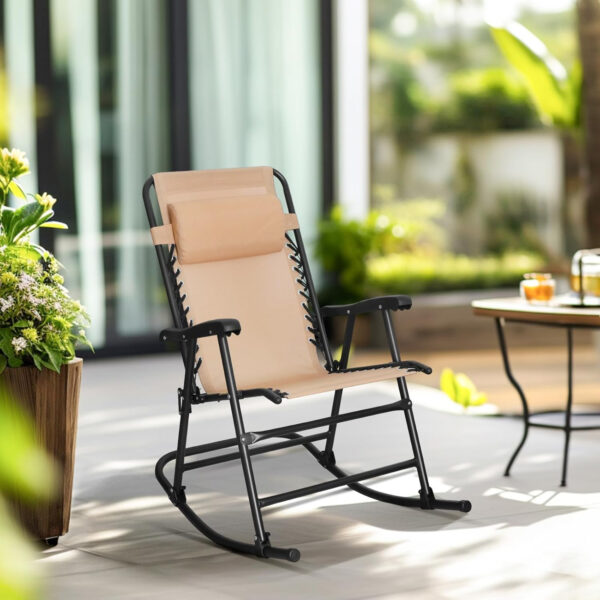688807def135d70d805e3aa0d055630cbb6f044be4df3f2e6a983.jpg Amazon Basics Outdoor Patio Folding Reclining Lounge Rocking Chair with Pillow, Affordable Folding Chairs for Outside, Beige, 33.6 x 37.4 x 26 inch