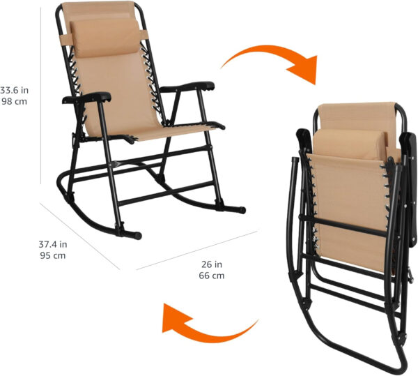 688807e1715fe8664ad5c03c27fed300acbedefda77db66693472.jpg Amazon Basics Outdoor Patio Folding Reclining Lounge Rocking Chair with Pillow, Affordable Folding Chairs for Outside, Beige, 33.6 x 37.4 x 26 inch
