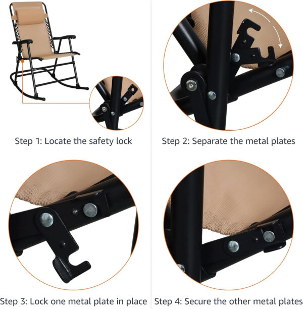 688807ede13846d5a817b2872bb2d7f45932c664c501f8417819a.jpg Amazon Basics Outdoor Patio Folding Reclining Lounge Rocking Chair with Pillow, Affordable Folding Chairs for Outside, Beige, 33.6 x 37.4 x 26 inch